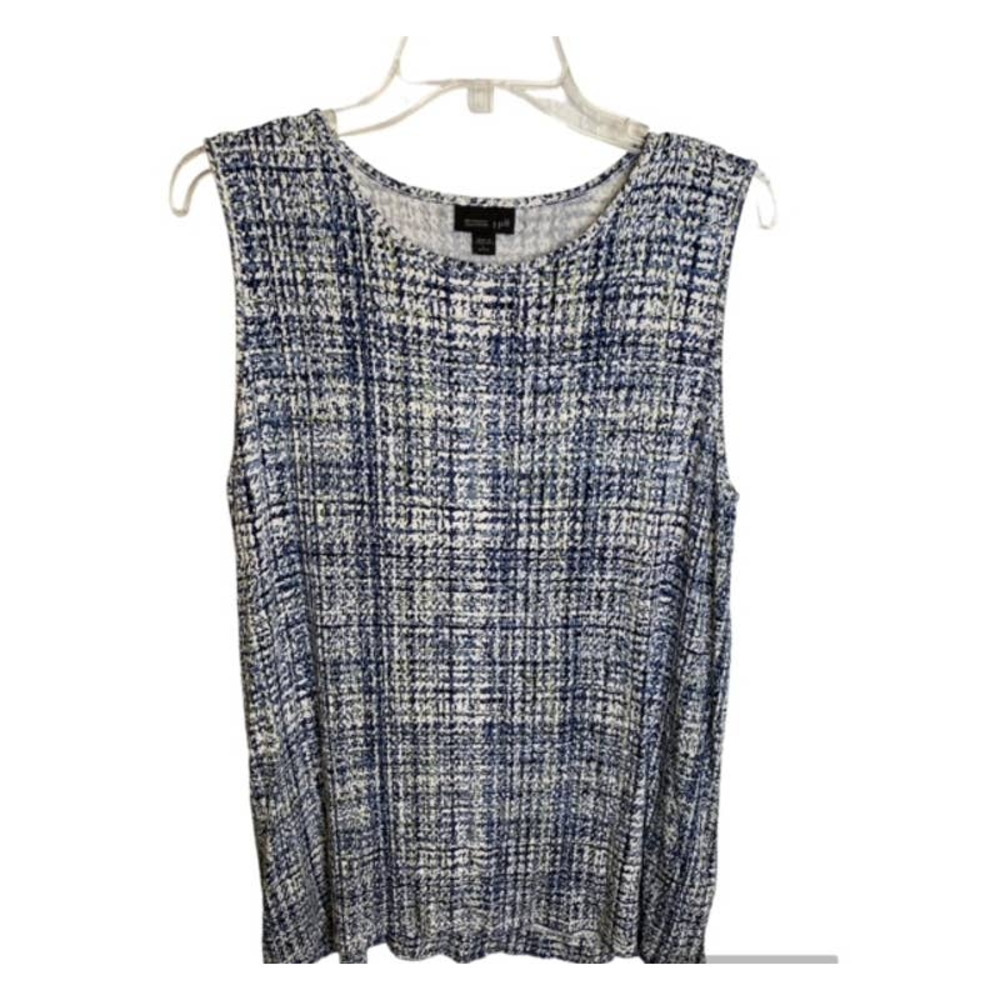 J JILL Wearever Collection Tunic Tank Top Rayon Blue White Print Sz L Petite